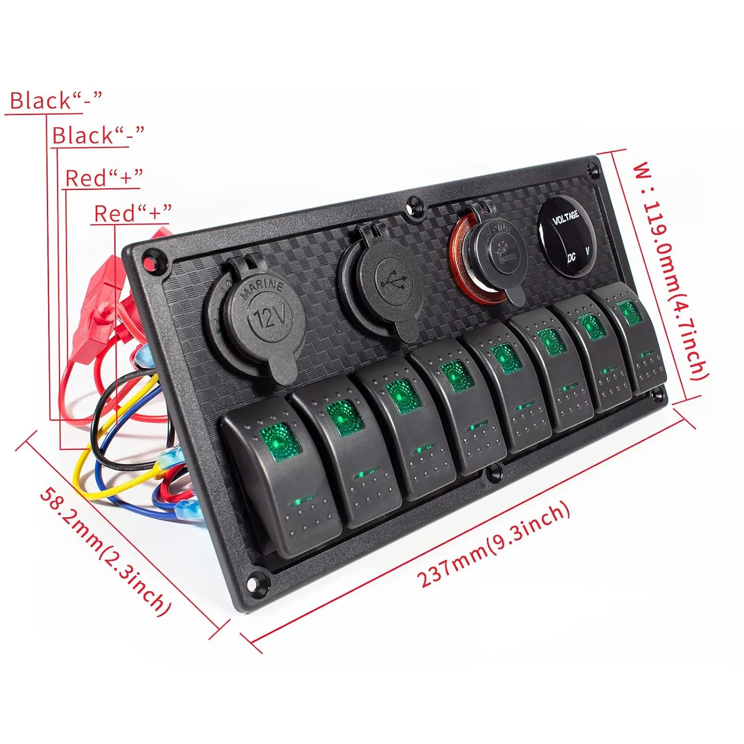 8 Gang Rocker Switch Panel, 3.1A Dual USB Charger Socket with Multi-Function LED Digital Voltmeter, 12/24V Wired Toggle Switch Panel for Automotive Cars Marine Boats RVs(Green)