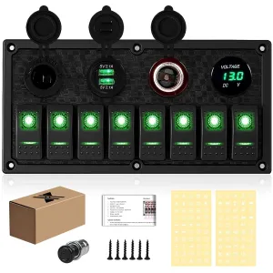 8 Gang Rocker Switch Panel, 3.1A Dual USB Charger Socket with Multi-Function LED Digital Voltmeter, 12/24V Wired Toggle Switch Panel for Automotive Cars Marine Boats RVs(Green)