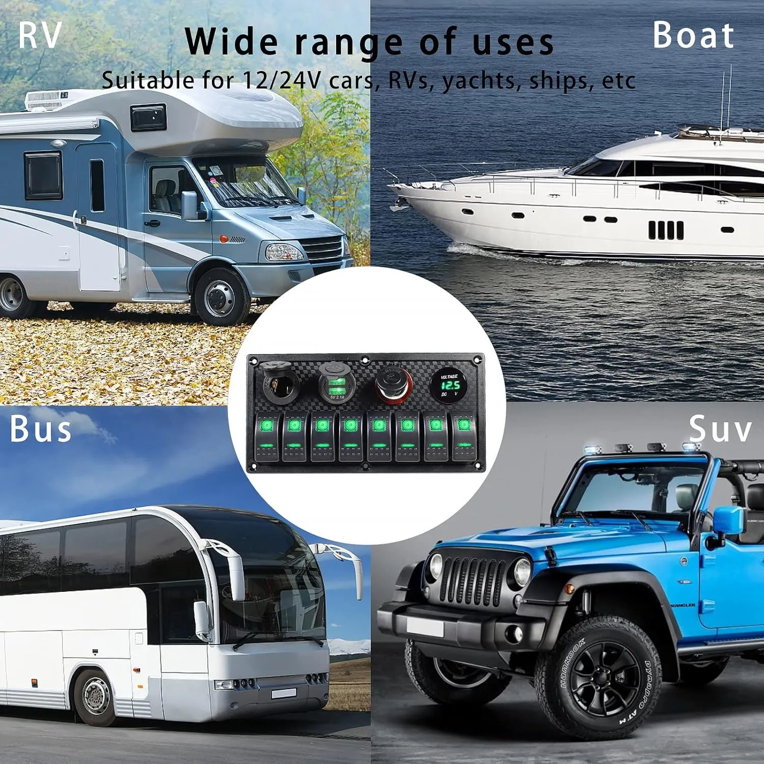 8 Gang Rocker Switch Panel, 3.1A Dual USB Charger Socket with Multi-Function LED Digital Voltmeter, 12/24V Wired Toggle Switch Panel for Automotive Cars Marine Boats RVs(Green)