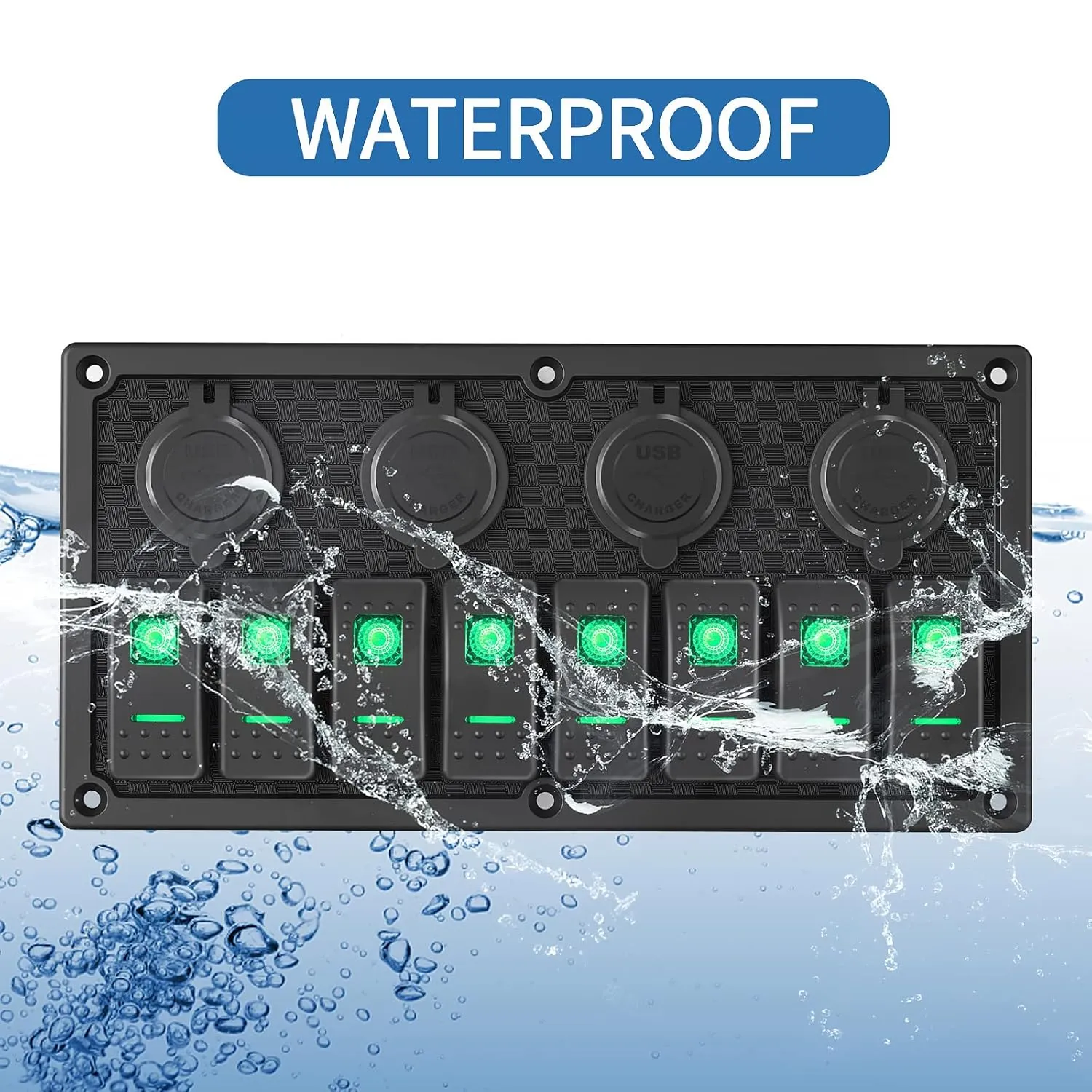 8 Gang Rocker Switch Panel, 3.1A Dual USB Charger Socket with Multi-Function LED Digital Voltmeter, 12/24V Wired Toggle Switch Panel for Automotive Cars Marine Boats RVs(Green)