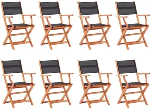 8-Pack Folding Patio Chairs Black Solid Eucalyptus Wood Textilene Outdoor Furniture for Deck Lawn Camping Dining