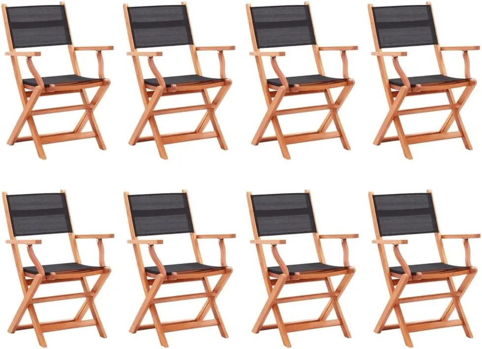 8-Pack Folding Patio Chairs Black Solid Eucalyptus Wood Textilene Outdoor Furniture for Deck Lawn Camping Dining