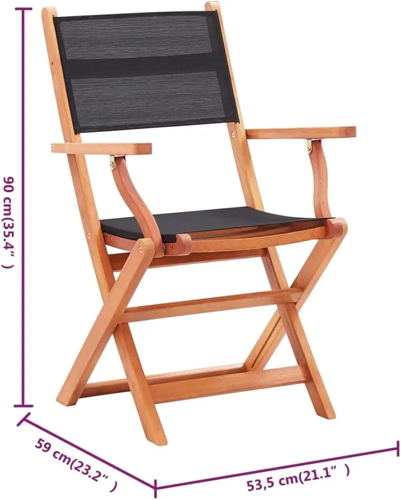 8-Pack Folding Patio Chairs Black Solid Eucalyptus Wood Textilene Outdoor Furniture for Deck Lawn Camping Dining
