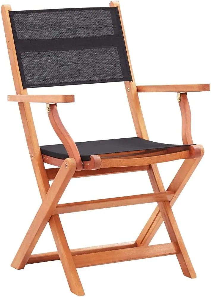 8-Pack Folding Patio Chairs Black Solid Eucalyptus Wood Textilene Outdoor Furniture for Deck Lawn Camping Dining