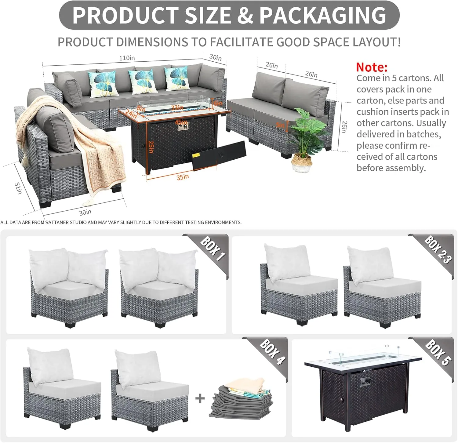 9 Pcs Patio Sectional Outdoor Furniture 45 Inches Fire Pit Outdoor Sectional Patio Furniture 60000 BTU Steel Propane Fire Pit Table Glass Wind Guard No-Slip 5" Cushions Waterproof Covers, Grey