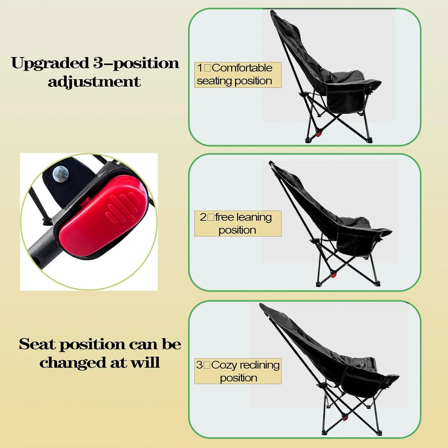 Adjustable Portable Folding Camping Chair with High Back, Side Pockets, Headrest, Lightweight Lawn Chair for Outdoor Camping, Beach, Leisure and Adults (Black Cotton Thickened)