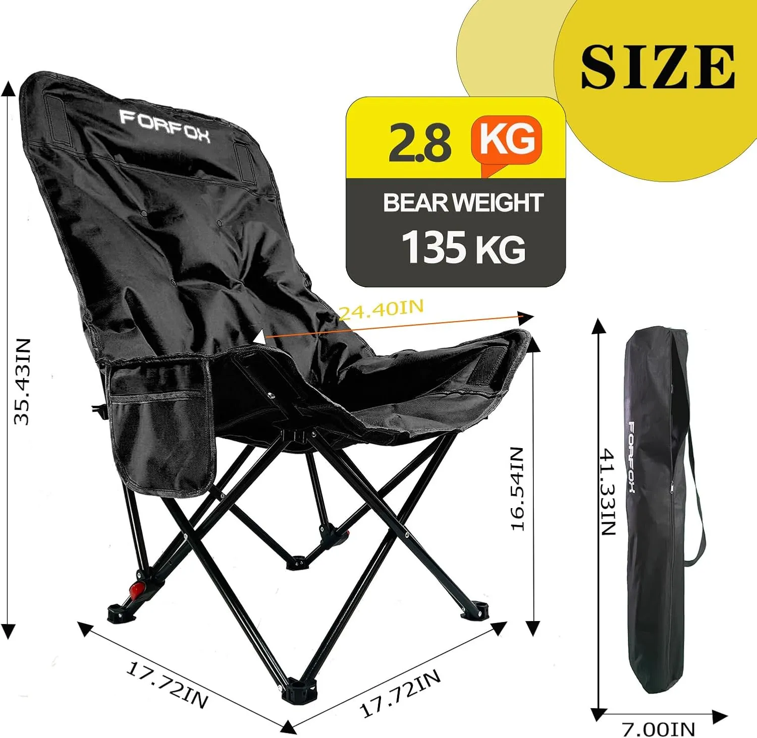 Adjustable Portable Folding Camping Chair with High Back, Side Pockets, Headrest, Lightweight Lawn Chair for Outdoor Camping, Beach, Leisure and Adults (Black Cotton Thickened)