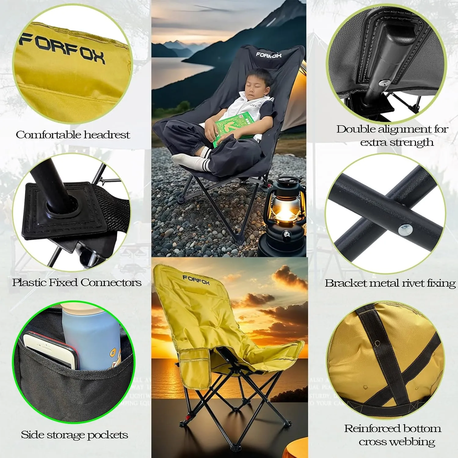 Adjustable Portable Folding Camping Chair with High Back, Side Pockets, Headrest, Lightweight Lawn Chair for Outdoor Camping, Beach, Leisure and Adults (Black Single Cloth Thin)
