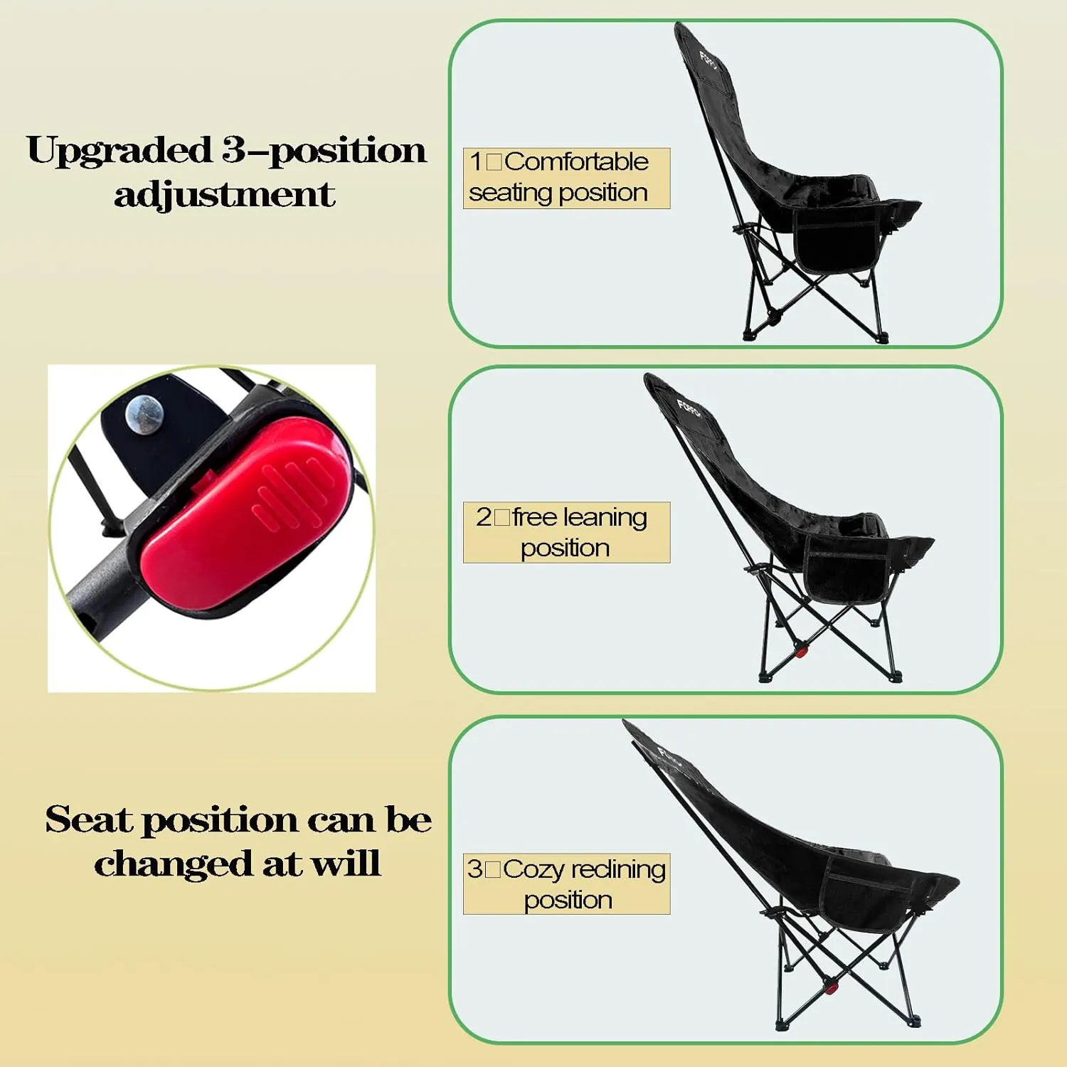 Adjustable Portable Folding Camping Chair with High Back, Side Pockets, Headrest, Lightweight Lawn Chair for Outdoor Camping, Beach, Leisure and Adults (Black Single Cloth Thin)