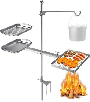 Adjustable Swivel Campfire Grill – Heavy-Duty Stainless Steel Fire Pit Grate for Open Fire Cooking, Portable BBQ Grill for Camping & Outdoor Use