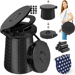 ALEVMOOM XXL Portable Toilet - 19.7" H Taller Wider Collapsible Foldable Camping Toilet with Lid, Strap, Bag - Adjustable for Camping, Hiking, Travel and Car