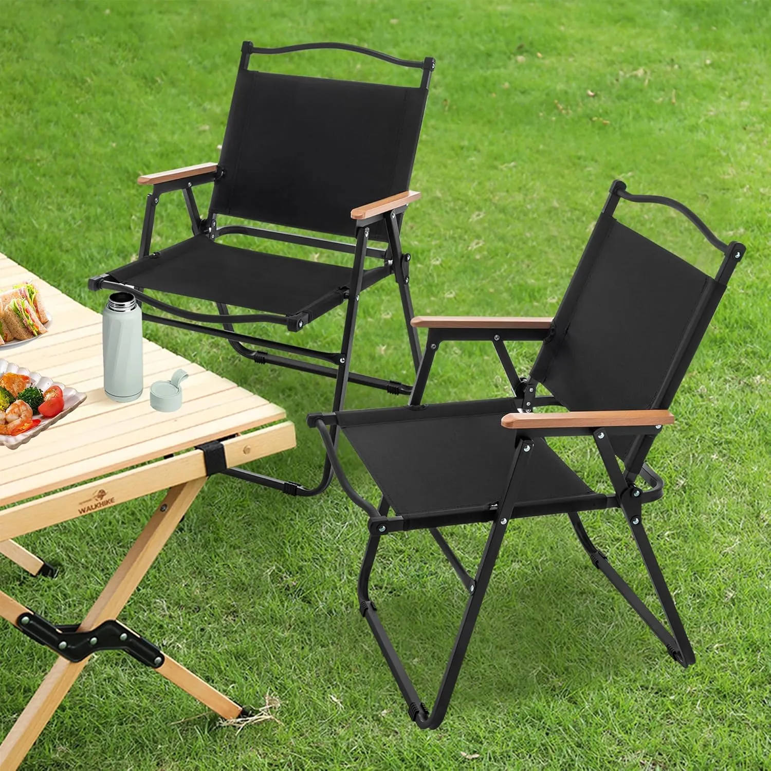 ALISH Camping Chairs, Portable Lawn Chairs Lightweight Outdoor Chairs with Wooden Handle for Travel Camping Lawn Hiking, Set of 2