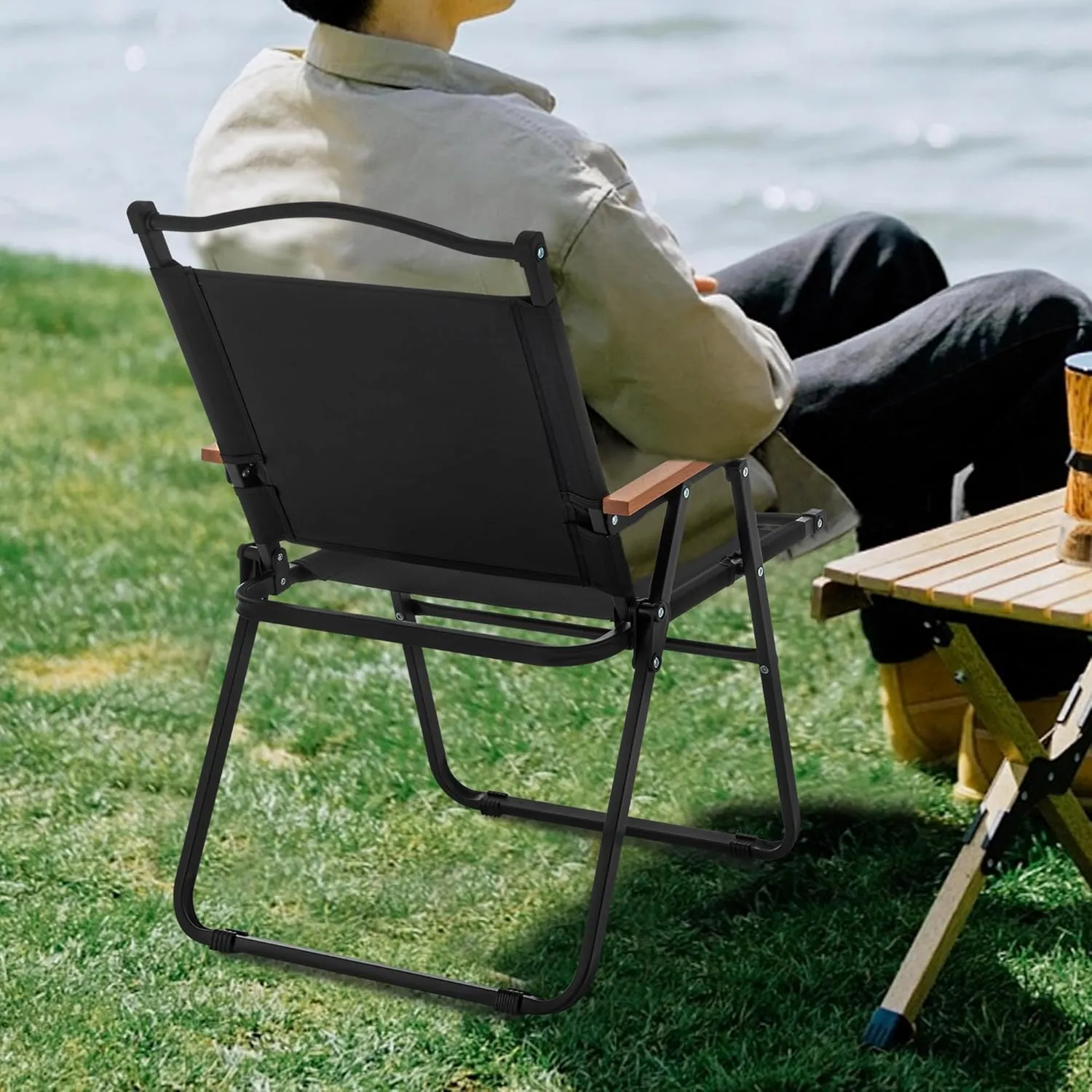 ALISH Camping Chairs, Portable Lawn Chairs Lightweight Outdoor Chairs with Wooden Handle for Travel Camping Lawn Hiking, Set of 2