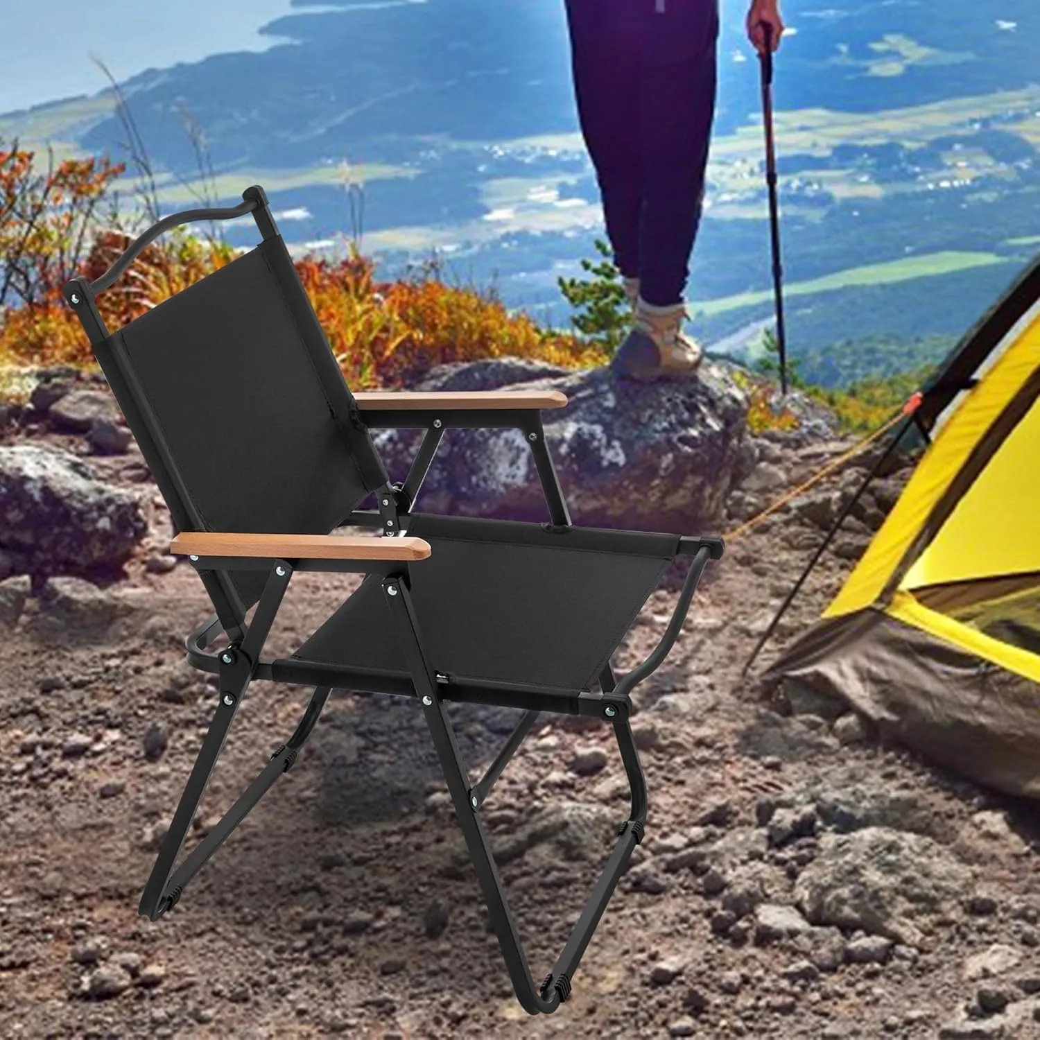 ALISH Camping Chairs, Portable Lawn Chairs Lightweight Outdoor Chairs with Wooden Handle for Travel Camping Lawn Hiking, Set of 2