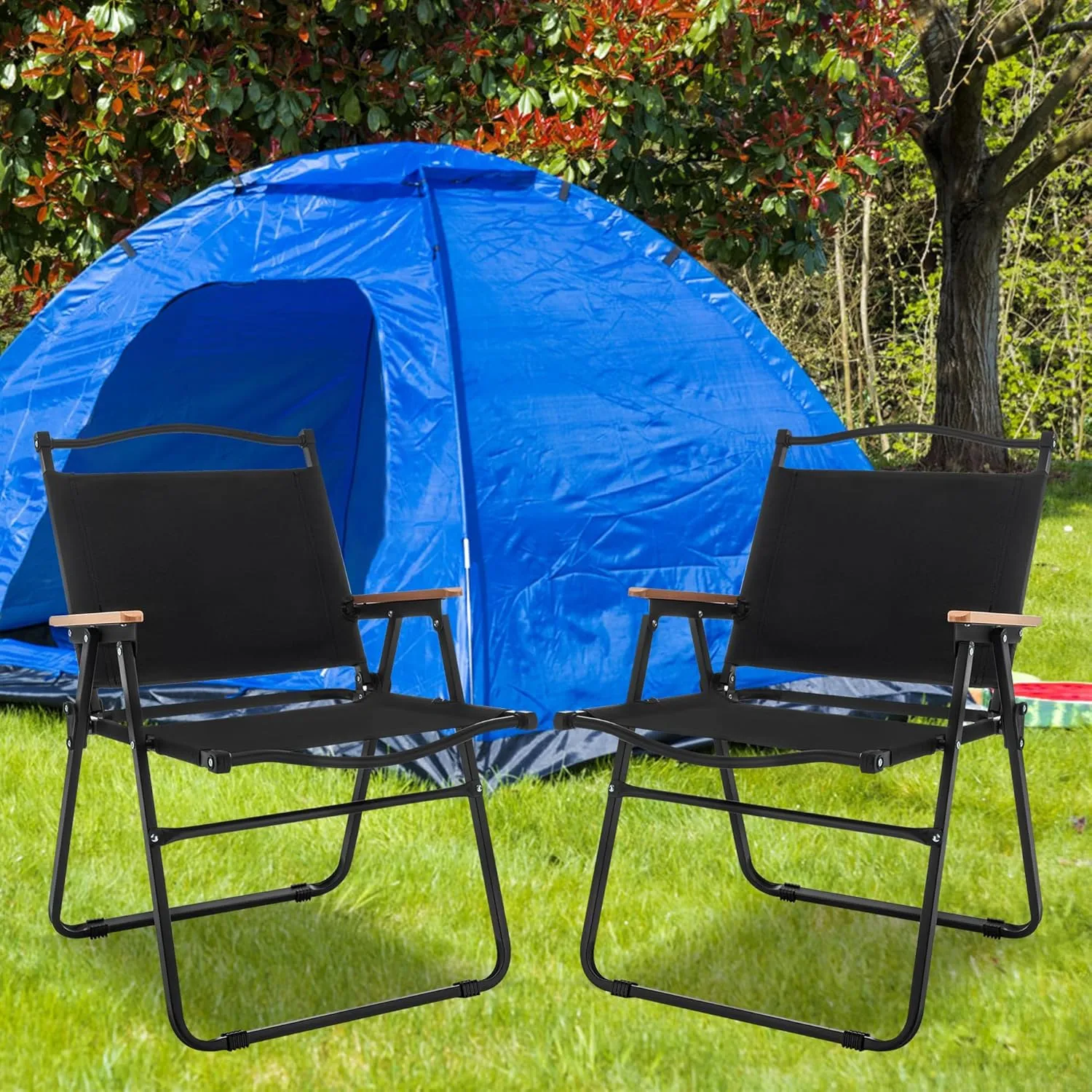 ALISH Camping Chairs, Portable Lawn Chairs Lightweight Outdoor Chairs with Wooden Handle for Travel Camping Lawn Hiking, Set of 2