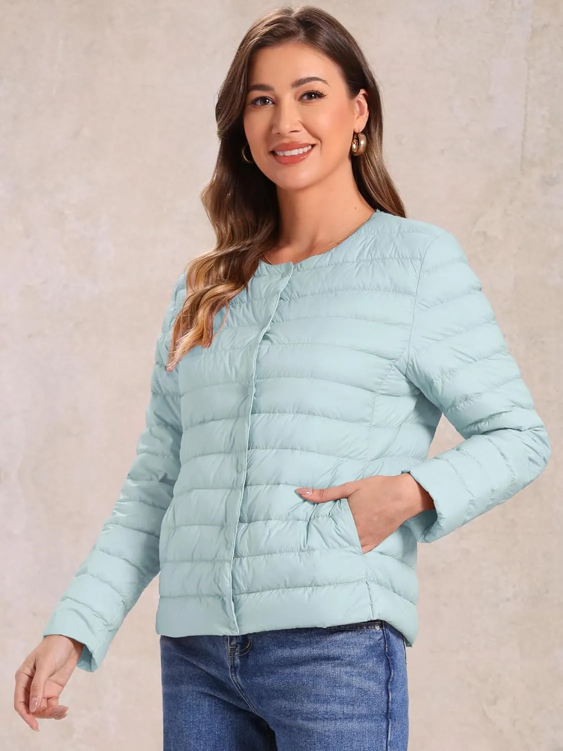 Allegra K Women's Puffer Jacket Lightweight Button Down Packable Long Sleeve Coat