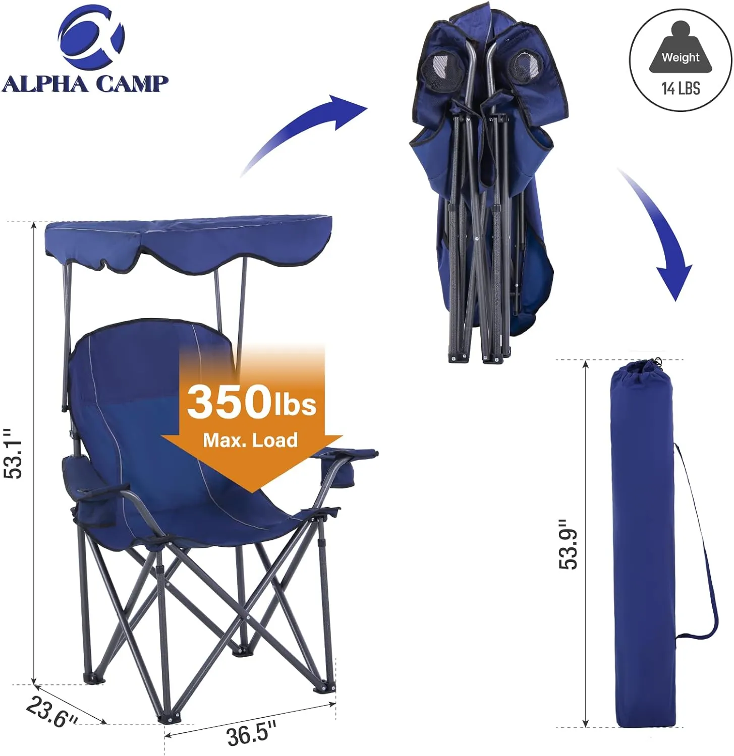 ALPHA CAMP Oversized Camping Chair with Shade Canopy, Folding Lawn Chairs