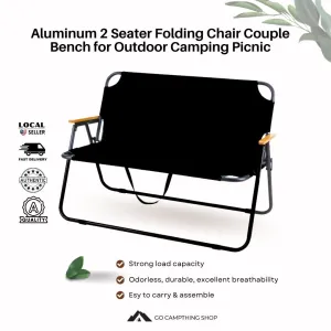 Aluminum 2 Seater Folding Chair Couple Bench for Outdoor Camping Picnic Black