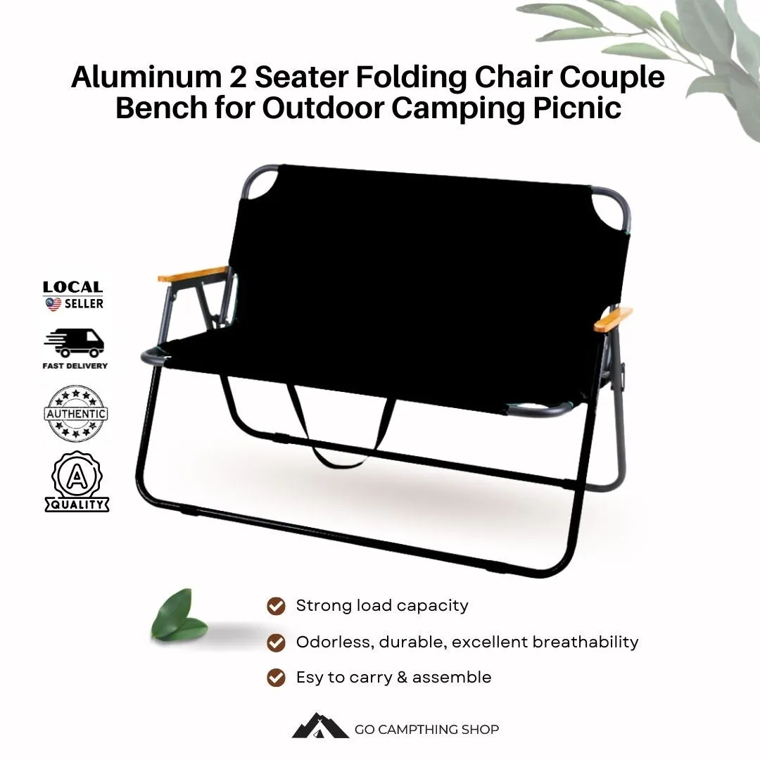 Aluminum 2 Seater Folding Chair Couple Bench for Outdoor Camping Picnic Black