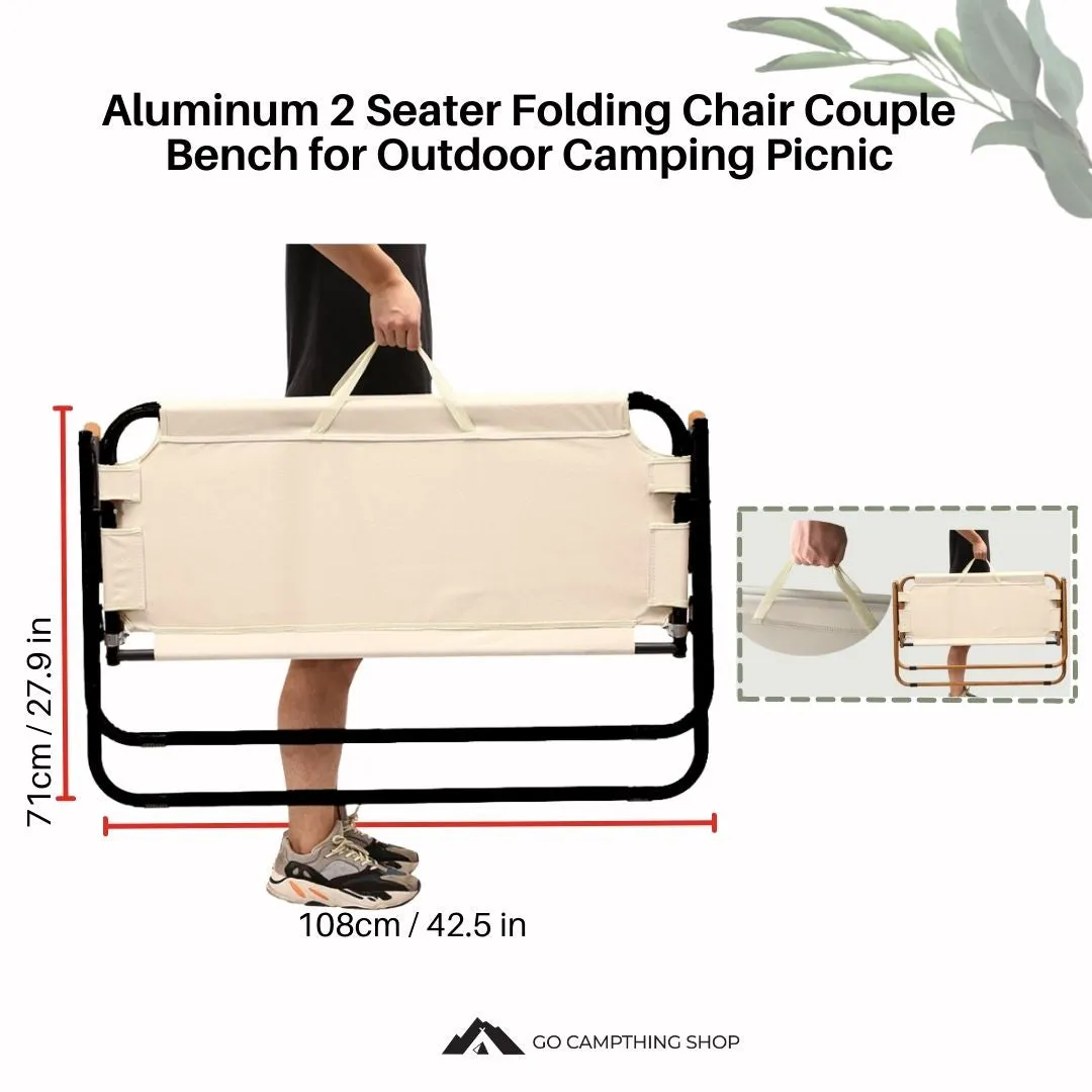 Aluminum 2 Seater Folding Chair Couple Bench for Outdoor Camping Picnic Black