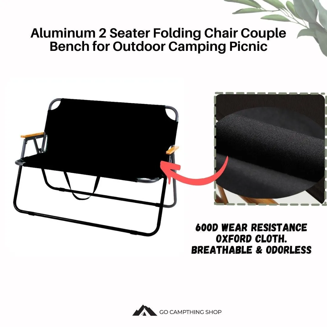 Aluminum 2 Seater Folding Chair Couple Bench for Outdoor Camping Picnic Black