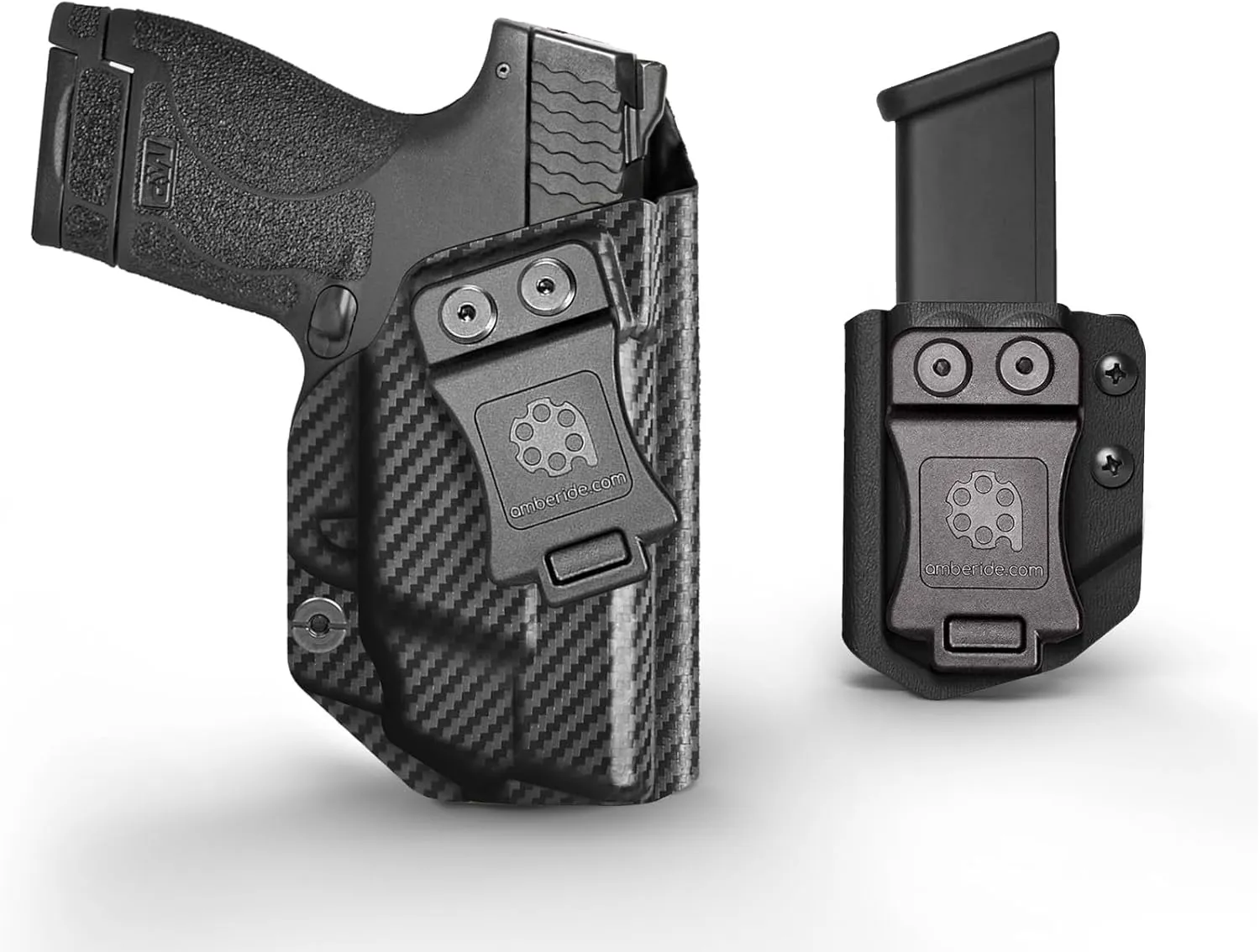 Amberide KYDEX Smith & Wesson M&P Shield M2.0 with Integrated CT Laser Holsters (Black Carbon Fiber, Right Hand Draw)   Universal 9mm/.40 Double Stack Magazine Carrier (Black)
