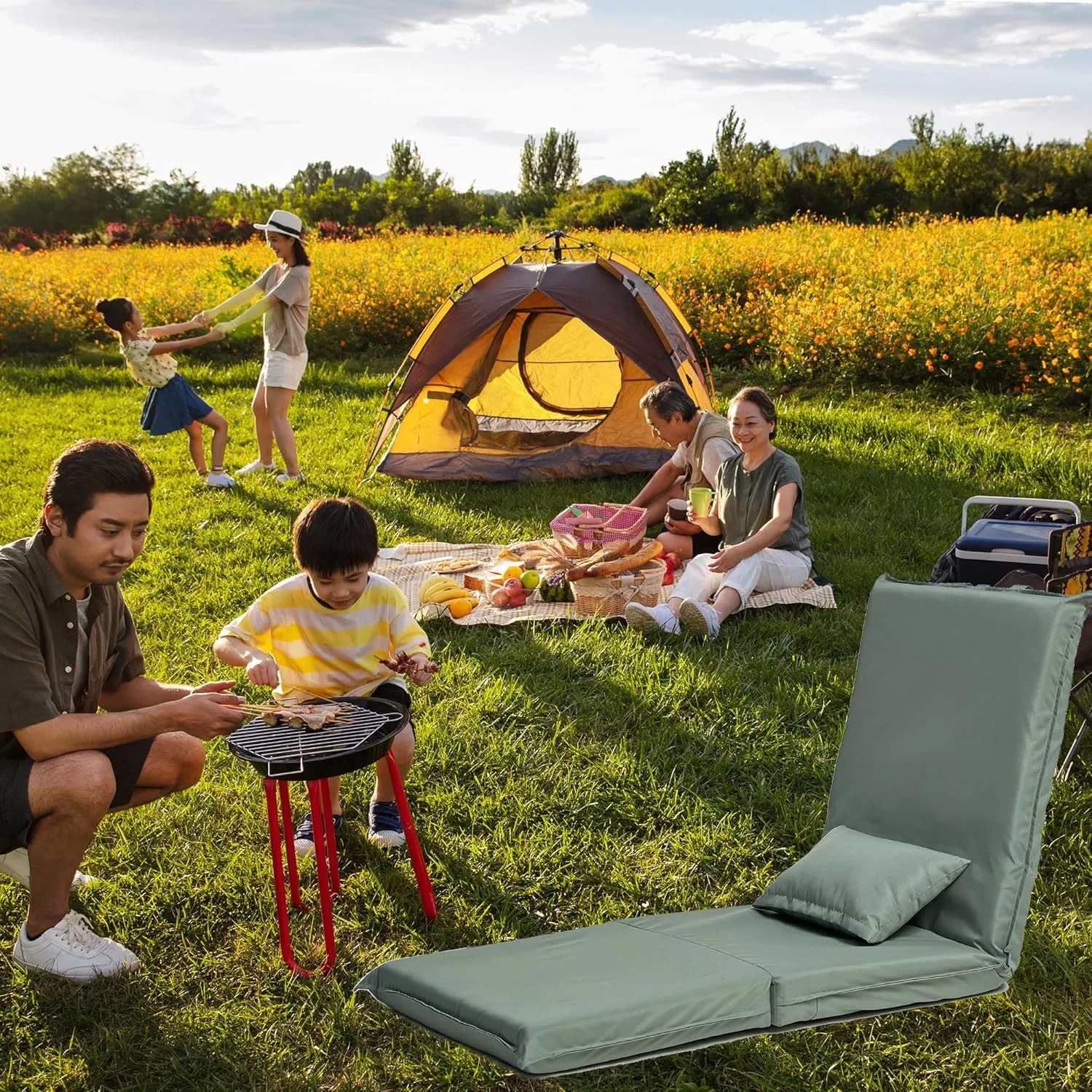 and Portable Outdoor Folding Chair, Adjustable Recliner, Lightweight with Carry Bag, for Camping and Beach, Light Green