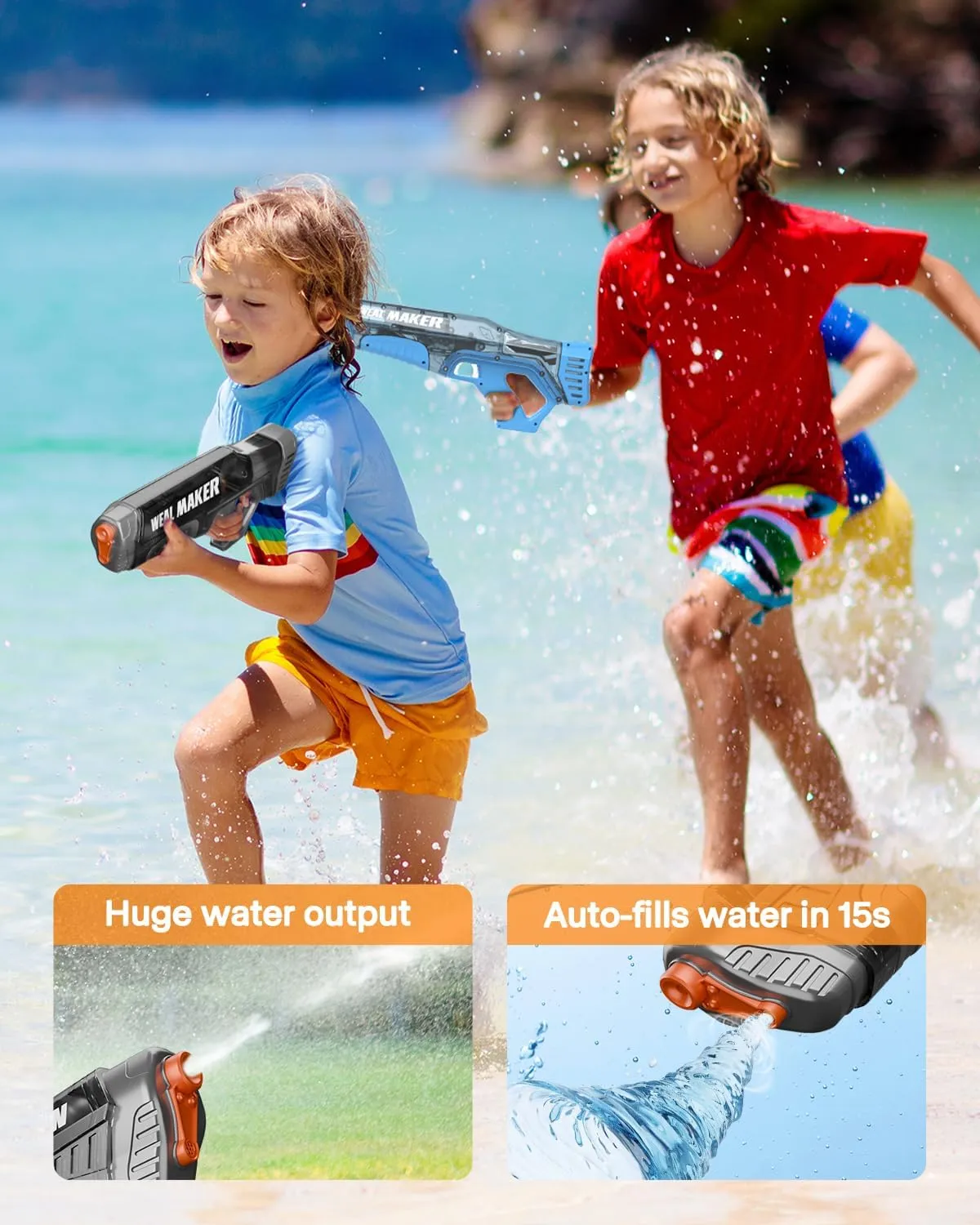 Artcool 2Pcs Powerful Fast Auto Suction Electric Water Gun,Full Auto 220  Continuous Water Pistol Up to 22-26FT Range,IP67 Waterproof Squirt Guns Long Battery Life(Black Red)