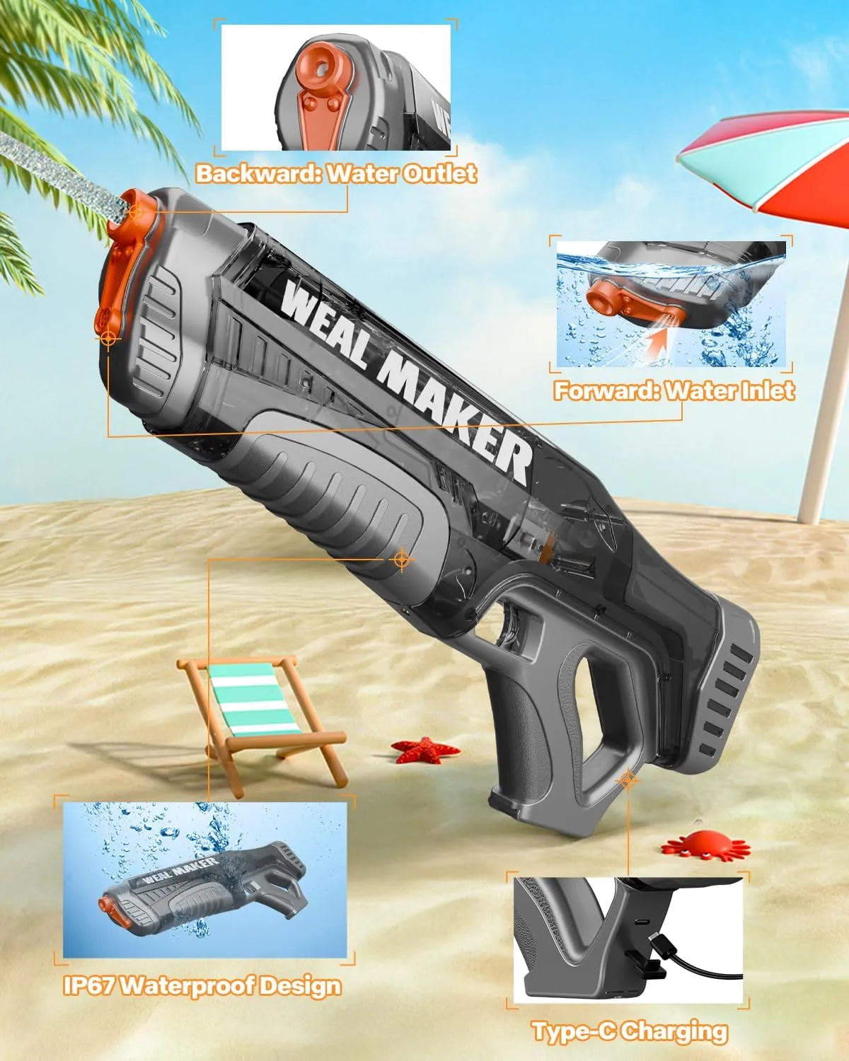 Artcool 2Pcs Powerful Fast Auto Suction Electric Water Gun,Full Auto 220  Continuous Water Pistol Up to 22-26FT Range,IP67 Waterproof Squirt Guns Long Battery Life(Black Red)