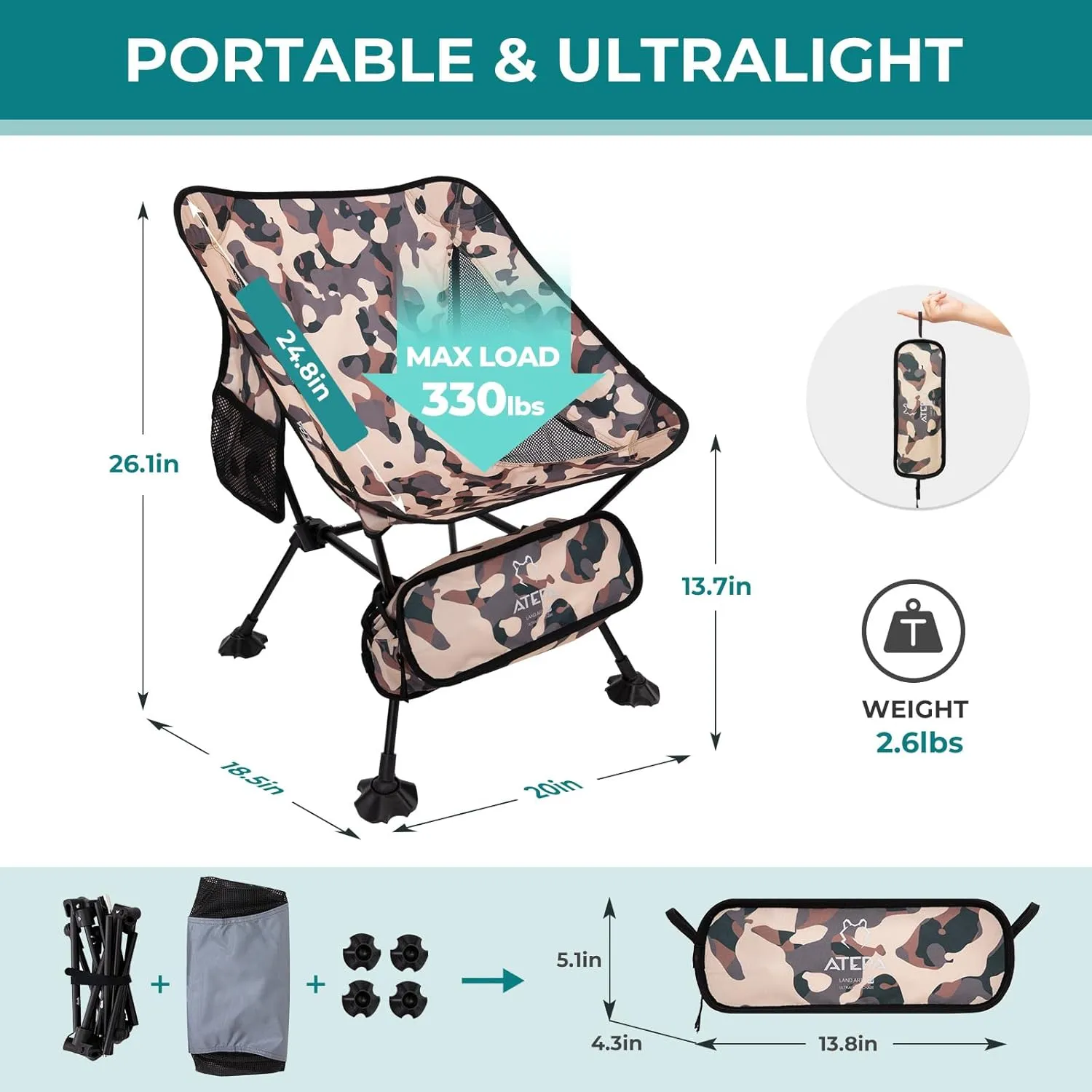 ATEPA Backpacking Chair, Ultralight Folding Portable Small Camping Chairs for Adults Compact Foldable Beach Seat with Anti-Sinking Feet & Aluminum Frame for Outdoor Hiking Travel Fishing