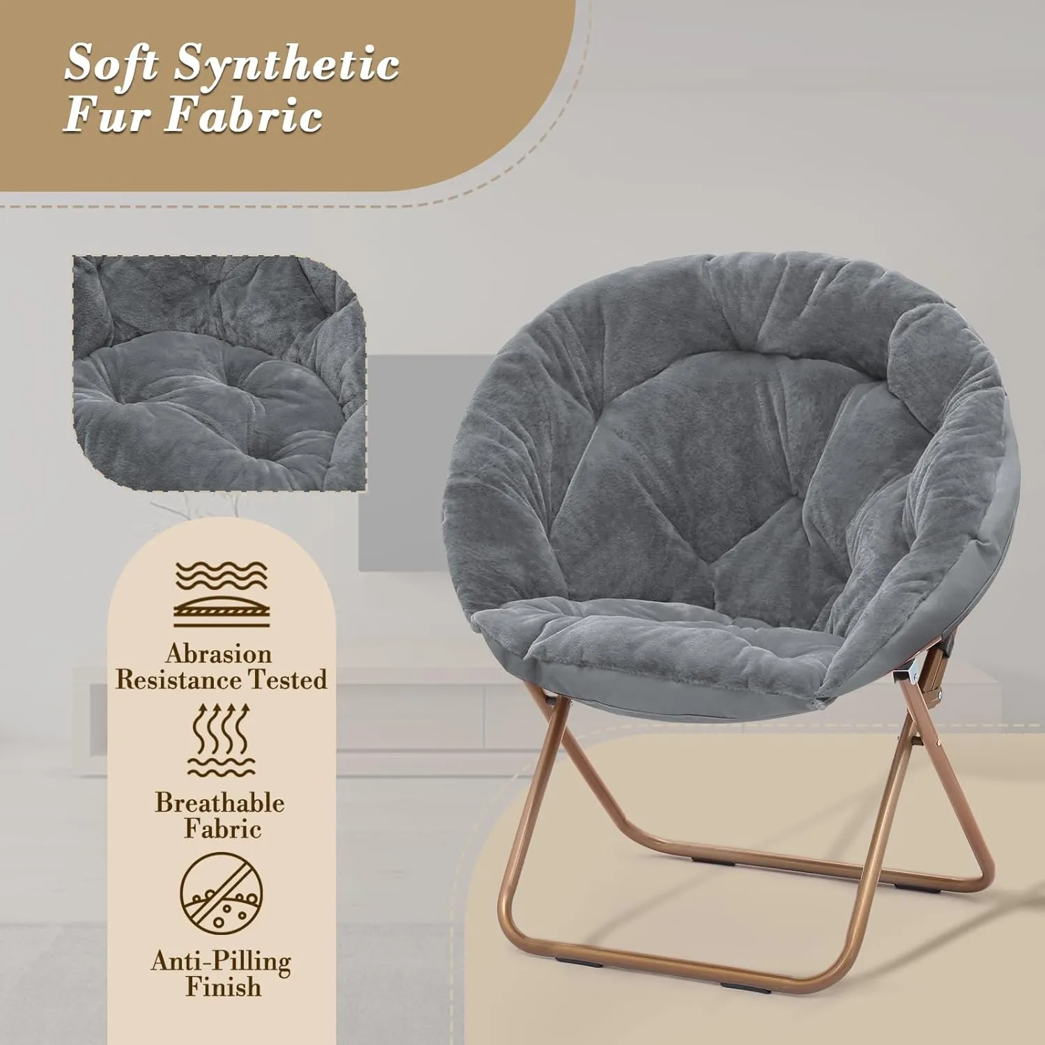 Athena Collection Comfy Saucer Chair Folding Cozy Chair for Bed Room Living Room Accent Chair Faux Fur Reading Chair Foldable Metal Frame Lazy Chair Moon Chair for Adult Set of 2, Grey
