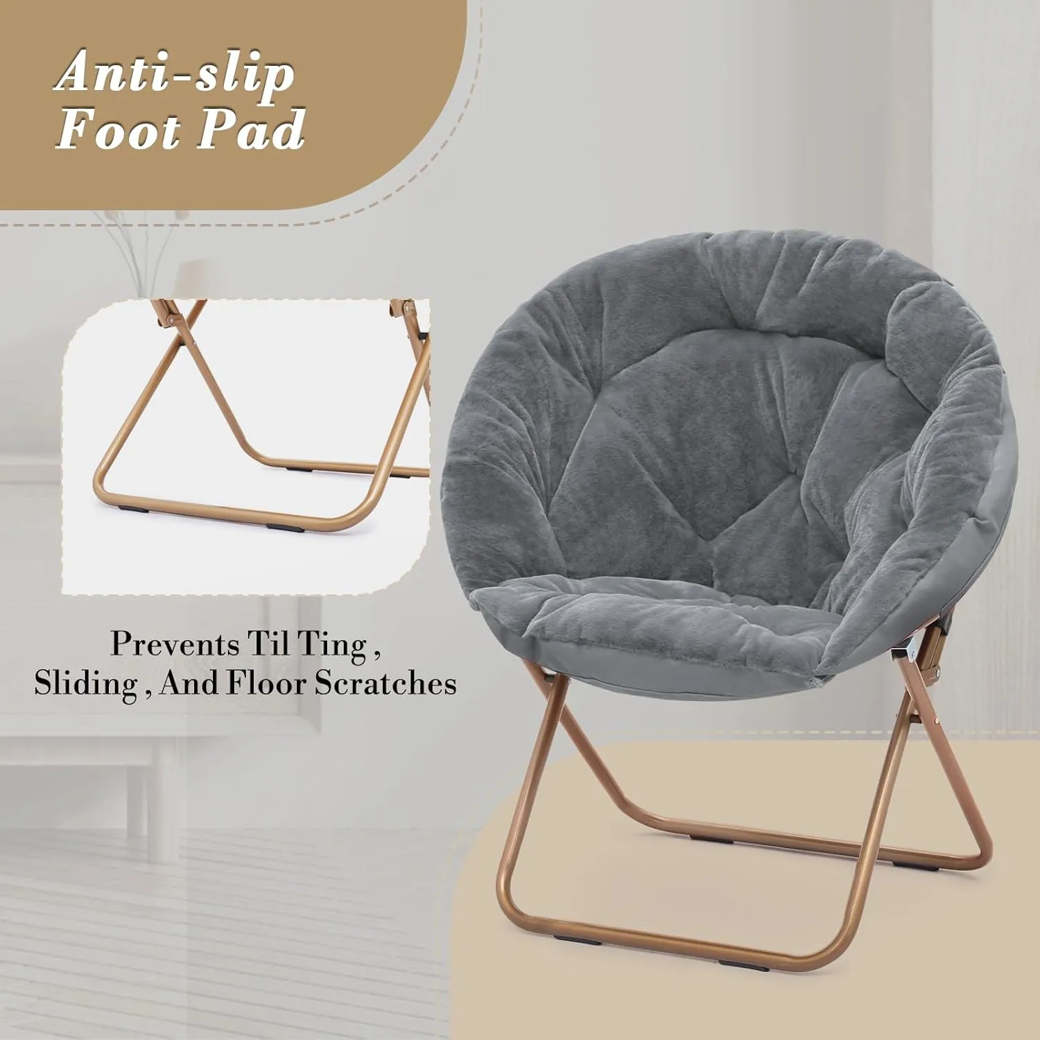 Athena Collection Comfy Saucer Chair Folding Cozy Chair for Bed Room Living Room Accent Chair Faux Fur Reading Chair Foldable Metal Frame Lazy Chair Moon Chair for Adult Set of 2, Grey