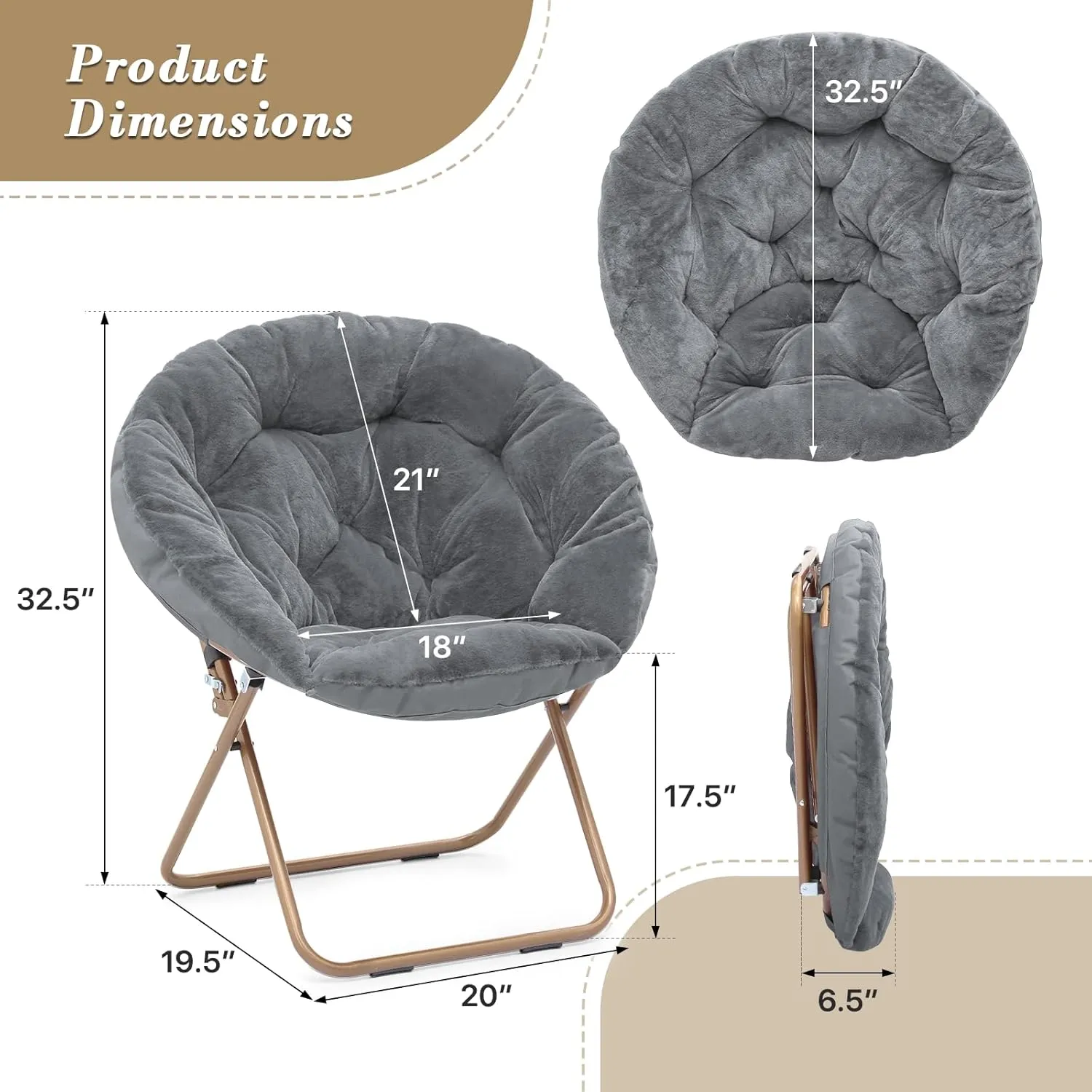 Athena Collection Comfy Saucer Chair Folding Cozy Chair for Bed Room Living Room Accent Chair Faux Fur Reading Chair Foldable Metal Frame Lazy Chair Moon Chair for Adult Set of 2, Grey