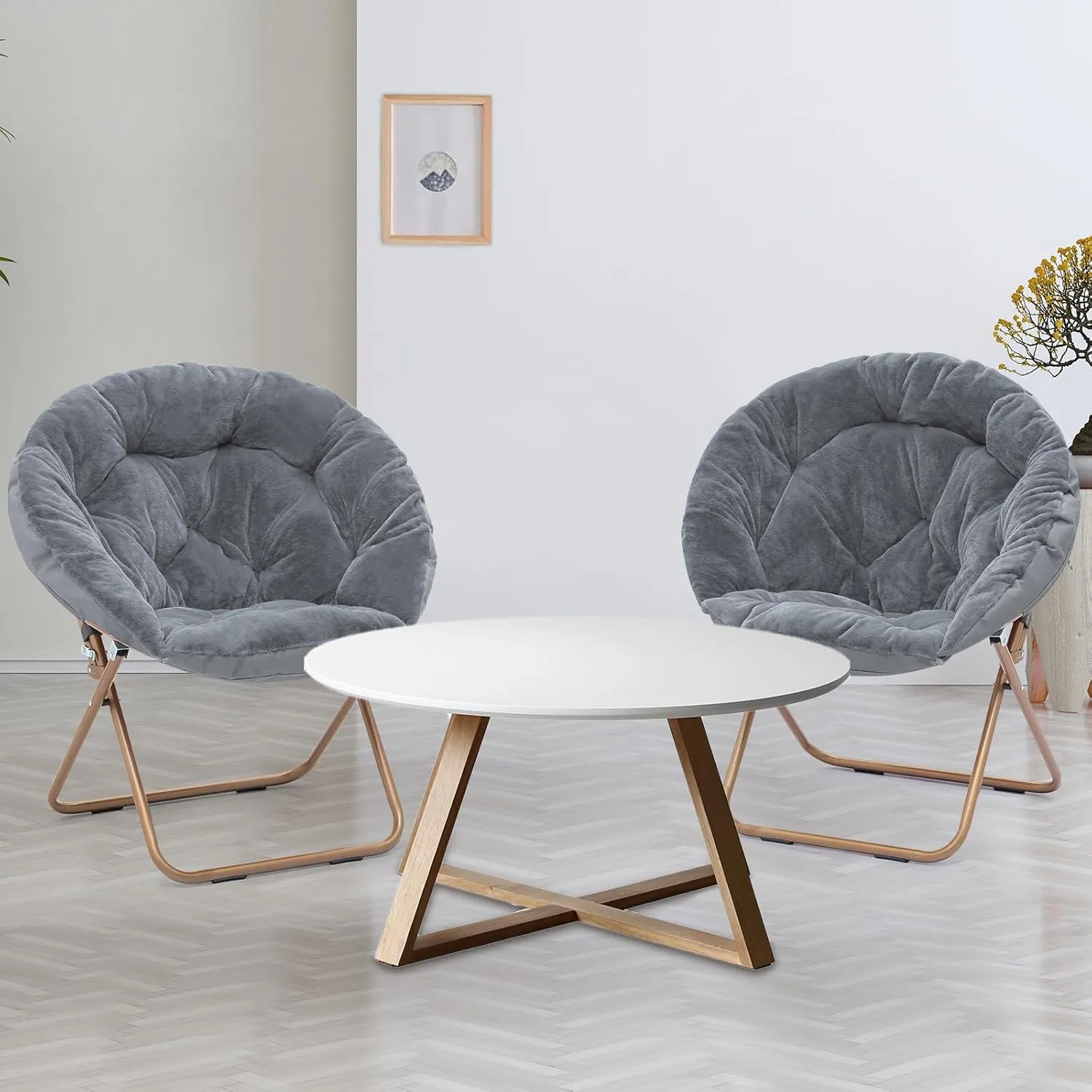 Athena Collection Comfy Saucer Chair Folding Cozy Chair for Bed Room Living Room Accent Chair Faux Fur Reading Chair Foldable Metal Frame Lazy Chair Moon Chair for Adult Set of 2, Grey