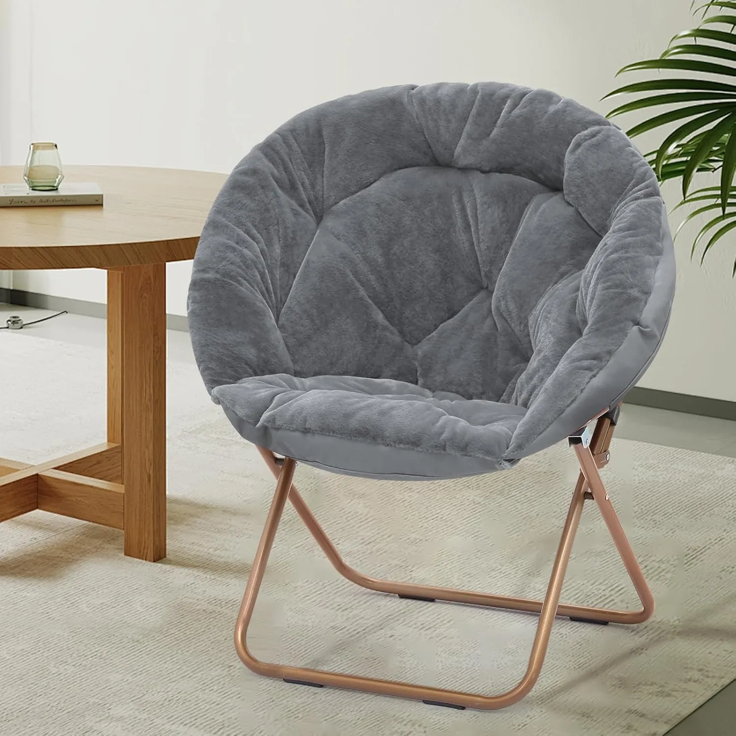 Athena Collection Comfy Saucer Chair Folding Cozy Chair for Bed Room Living Room Accent Chair Faux Fur Reading Chair Foldable Metal Frame Lazy Chair Moon Chair for Adult Set of 2, Grey
