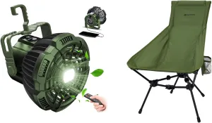 ayamaya Camping Tent Fan & Backpacking Chair, Rechargeable Fan with LEDs, Ultralight Folding High Back Camping Chair for Outdoor Hiking Fishing Backpack