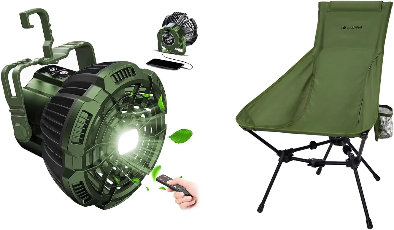 ayamaya Camping Tent Fan & Backpacking Chair, Rechargeable Fan with LEDs, Ultralight Folding High Back Camping Chair for Outdoor Hiking Fishing Backpack