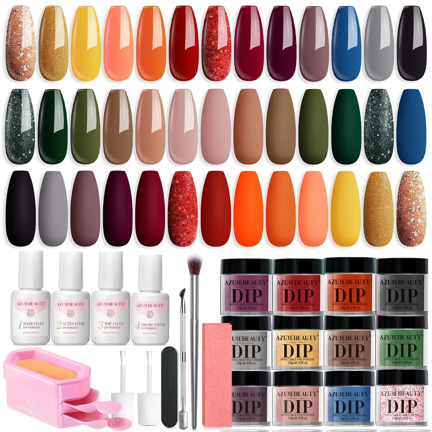 AZUREBEAUTY Dip Powder Nail Kit Starter All Season Orange Green Glitter Red 20 Colors Acrylic Dipping Powder Liquid Set with Base/Top Coat for French Nails Art Manicure Beginner DIY Salon Home