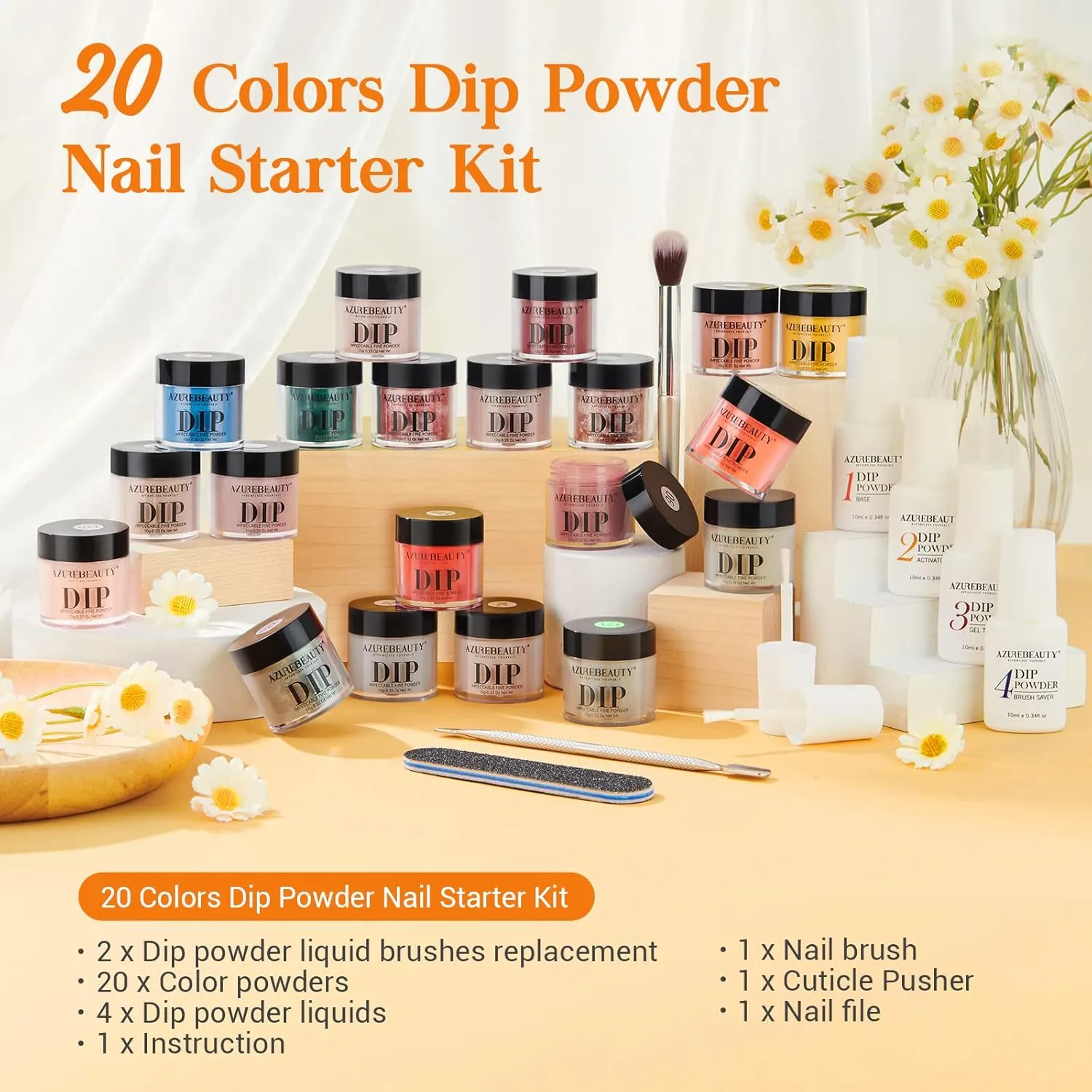 AZUREBEAUTY Dip Powder Nail Kit Starter All Season Orange Green Glitter Red 20 Colors Acrylic Dipping Powder Liquid Set with Base/Top Coat for French Nails Art Manicure Beginner DIY Salon Home