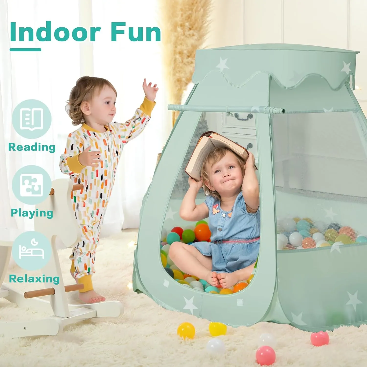 Baby Ball Pit for Toddler: with Star Lights - Pop Up Princess Play Tent for Kids - Indoor Outdoor Baby Girl Toys Birthday Gifts - NO Balls (Grayish Green Tent)