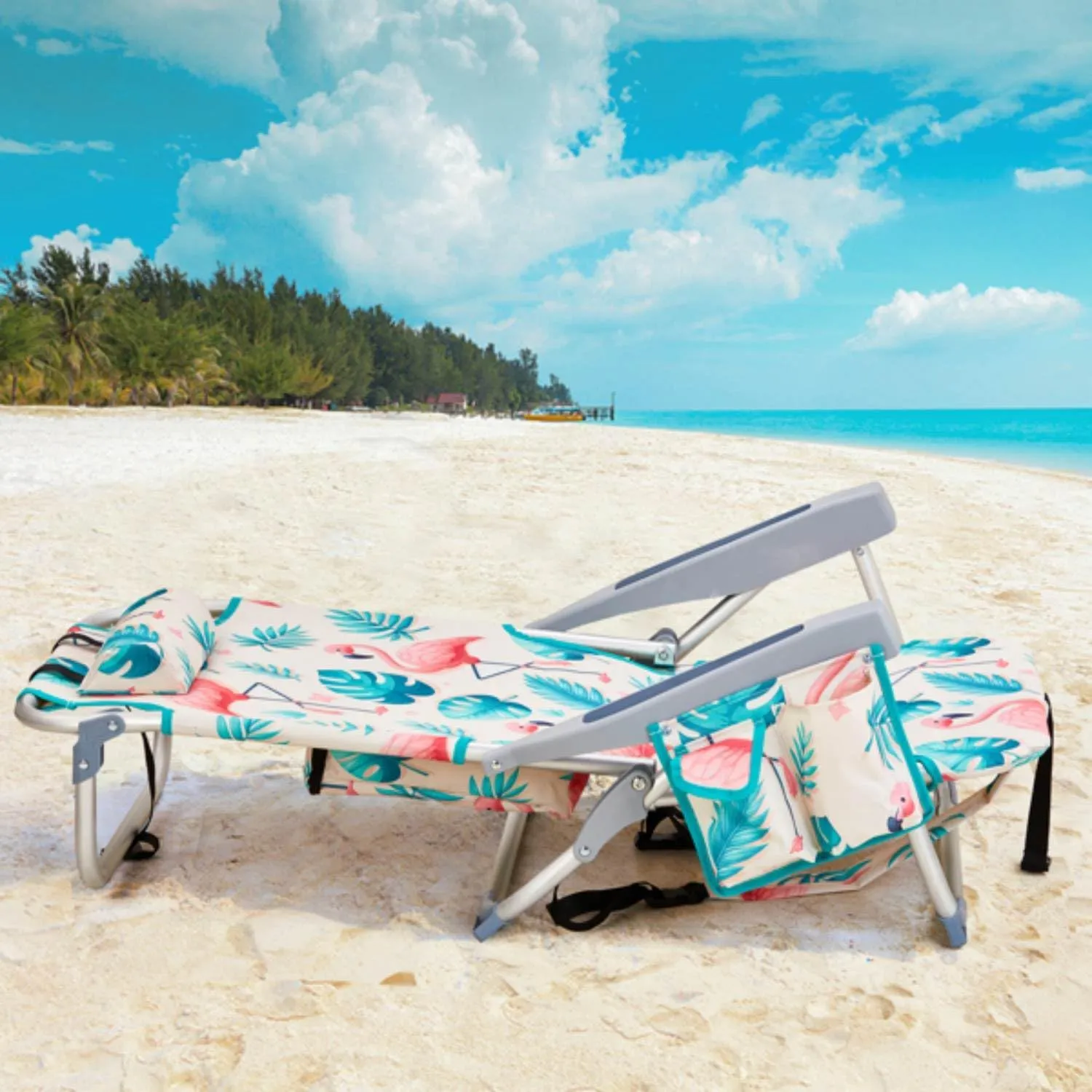 Backpack Beach Chair for Adults, 5-Position Portable Outdoor Reclining Camping Chair, Lightweight Folding Chairs with Headrest, Cup Holders, Cooler Bag, Towel Bar, Shoulder Strap (A Flamingo)
