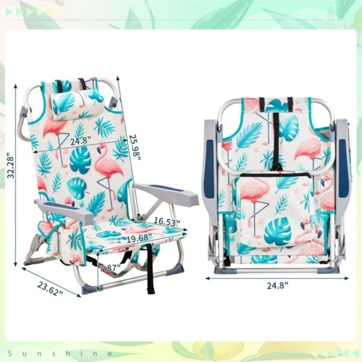 Backpack Beach Chair for Adults, 5-Position Portable Outdoor Reclining Camping Chair, Lightweight Folding Chairs with Headrest, Cup Holders, Cooler Bag, Towel Bar, Shoulder Strap (A Flamingo)