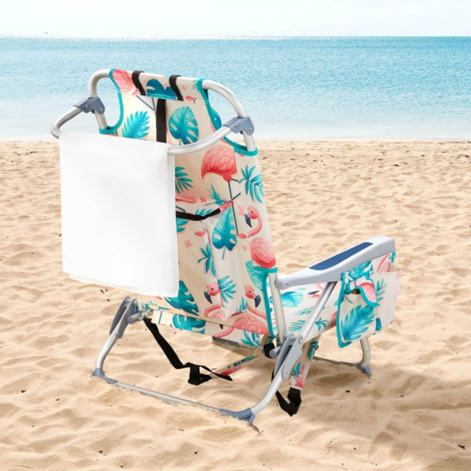 Backpack Beach Chair for Adults, 5-Position Portable Outdoor Reclining Camping Chair, Lightweight Folding Chairs with Headrest, Cup Holders, Cooler Bag, Towel Bar, Shoulder Strap (A Flamingo)