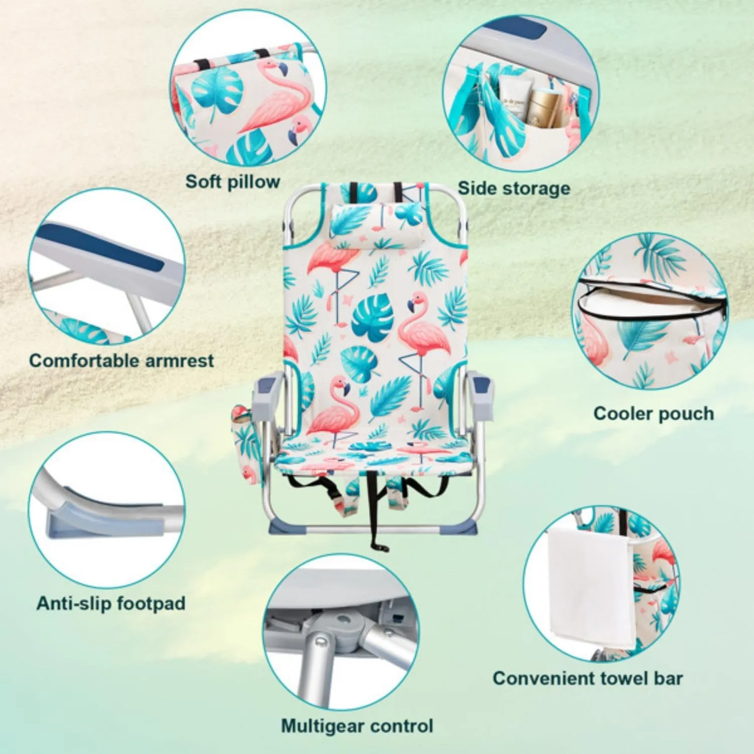 Backpack Beach Chair for Adults, 5-Position Portable Outdoor Reclining Camping Chair, Lightweight Folding Chairs with Headrest, Cup Holders, Cooler Bag, Towel Bar, Shoulder Strap (A Flamingo)
