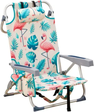 Backpack Beach Chair for Adults, 5-Position Portable Outdoor Reclining Camping Chair, Lightweight Folding Chairs with Headrest, Cup Holders, Cooler Bag, Towel Bar, Shoulder Strap (A Flamingo)