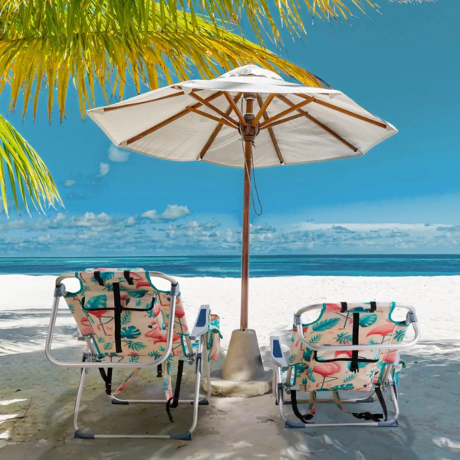 Backpack Beach Chair for Adults, 5-Position Portable Outdoor Reclining Camping Chair, Lightweight Folding Chairs with Headrest, Cup Holders, Cooler Bag, Towel Bar, Shoulder Strap (A Flamingo)