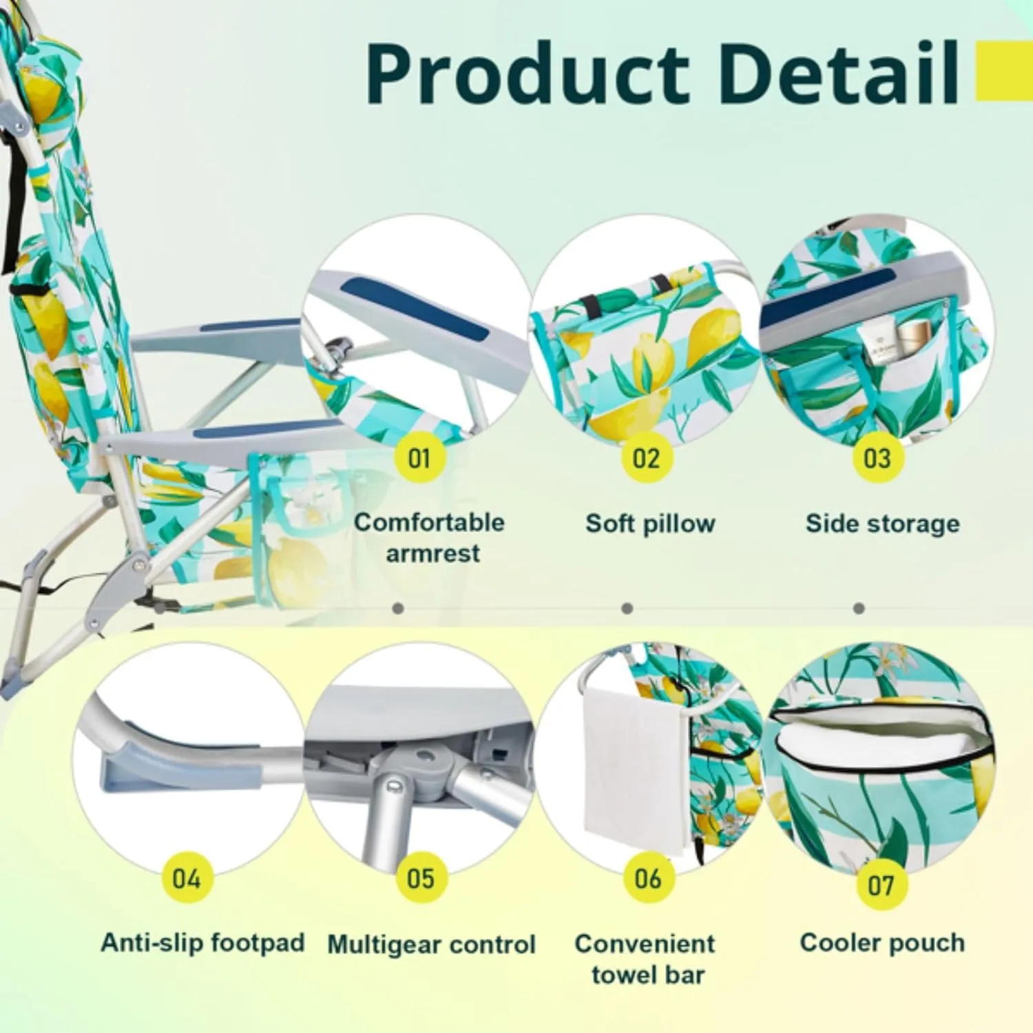 Backpack Beach Chair for Adults, 5-Position Portable Outdoor Reclining Camping Chair, Lightweight Folding Chairs with Headrest, Cup Holders, Cooler Bag, Towel Bar, Shoulder Strap (Lemon)