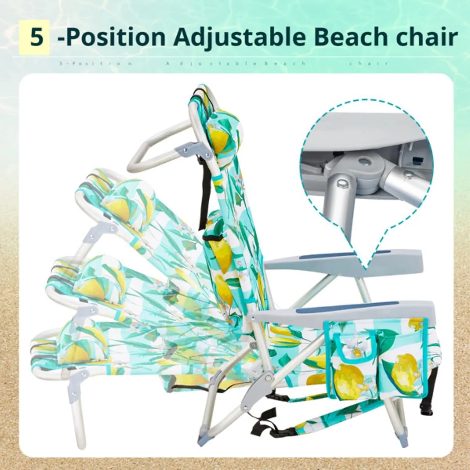 Backpack Beach Chair for Adults, 5-Position Portable Outdoor Reclining Camping Chair, Lightweight Folding Chairs with Headrest, Cup Holders, Cooler Bag, Towel Bar, Shoulder Strap (Lemon)