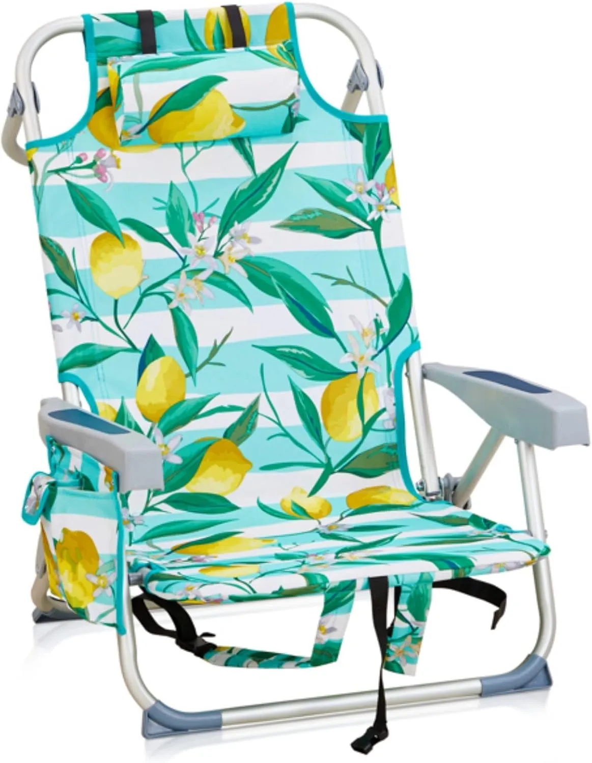 Backpack Beach Chair for Adults, 5-Position Portable Outdoor Reclining Camping Chair, Lightweight Folding Chairs with Headrest, Cup Holders, Cooler Bag, Towel Bar, Shoulder Strap (Lemon)