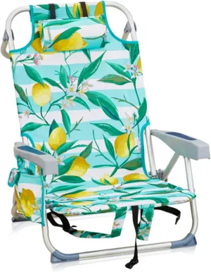 Backpack Beach Chair for Adults, 5-Position Portable Outdoor Reclining Camping Chair, Lightweight Folding Chairs with Headrest, Cup Holders, Cooler Bag, Towel Bar, Shoulder Strap (Lemon)